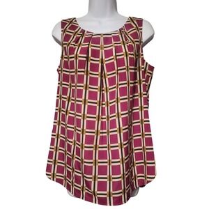 Anne Klein Women Medium Berry Pink Geometric Plaid Pleated Sleeveless Blouse Top